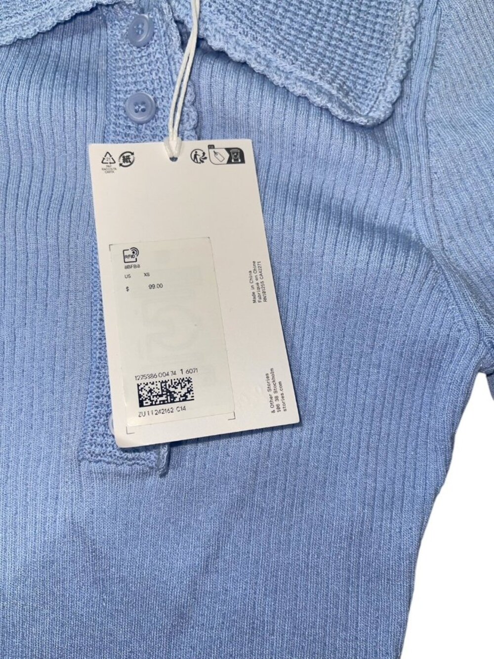 & OTHER STORIES Women's Size XS Light Blue Scalloped Rib-Knit Top Retail $99.00 - Picture 8 of 11